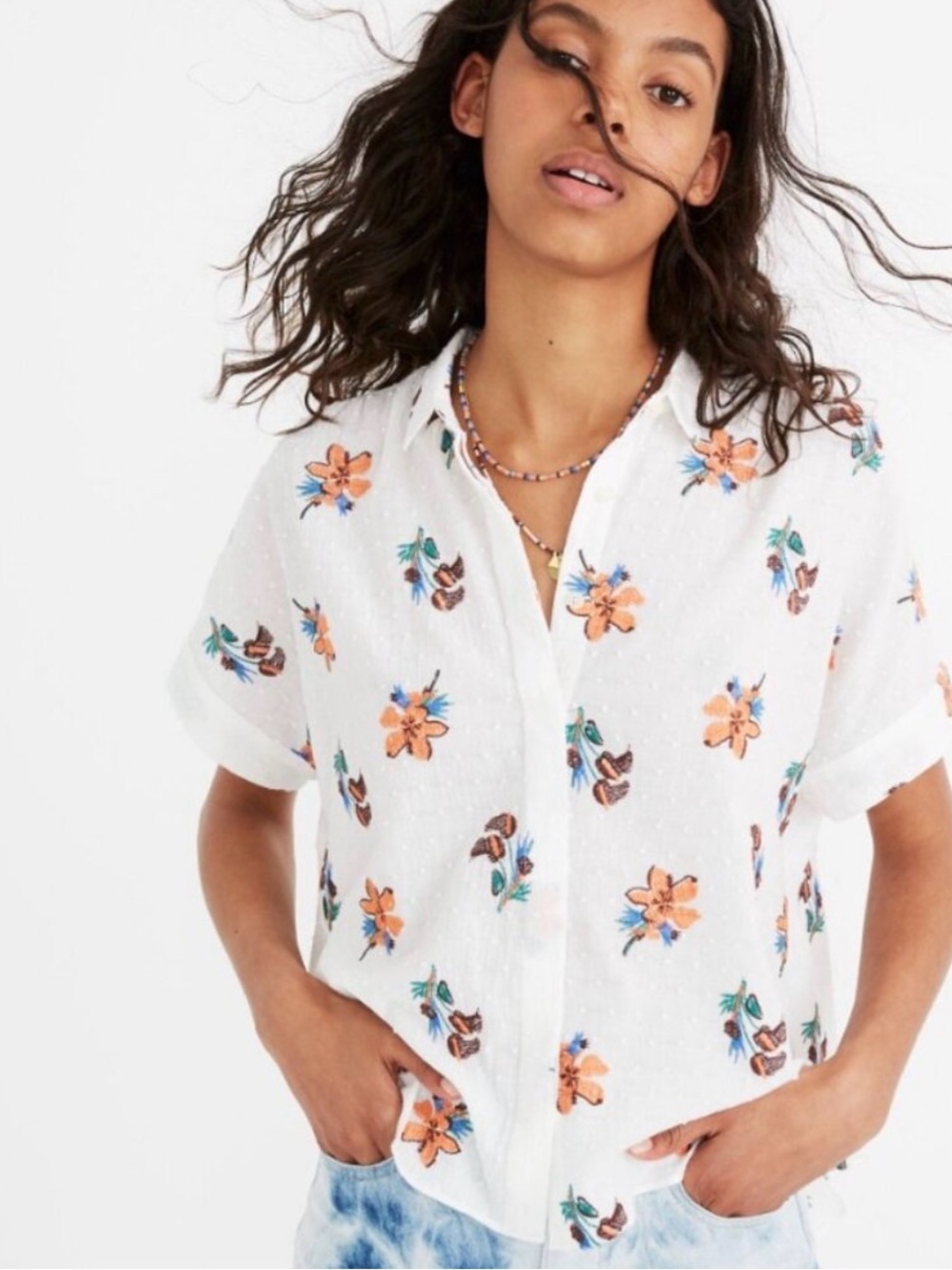 Madewell Hilltop Button Up Shirt in Hawaiian Print Size M Floral Embroidered
